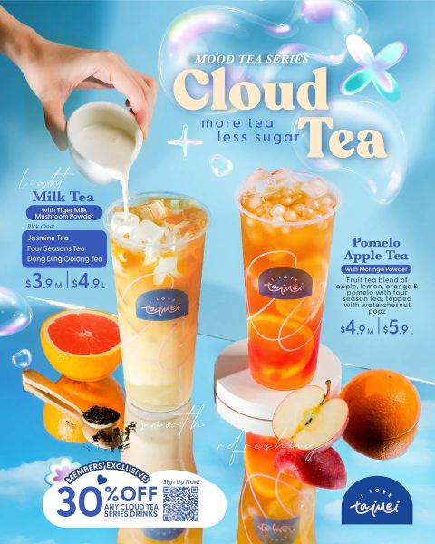 Cloud Tea Series: Light Milk Tea with Tiger Milk Mushroom Powder and Pomelo Apple Tea with Moringa Powder